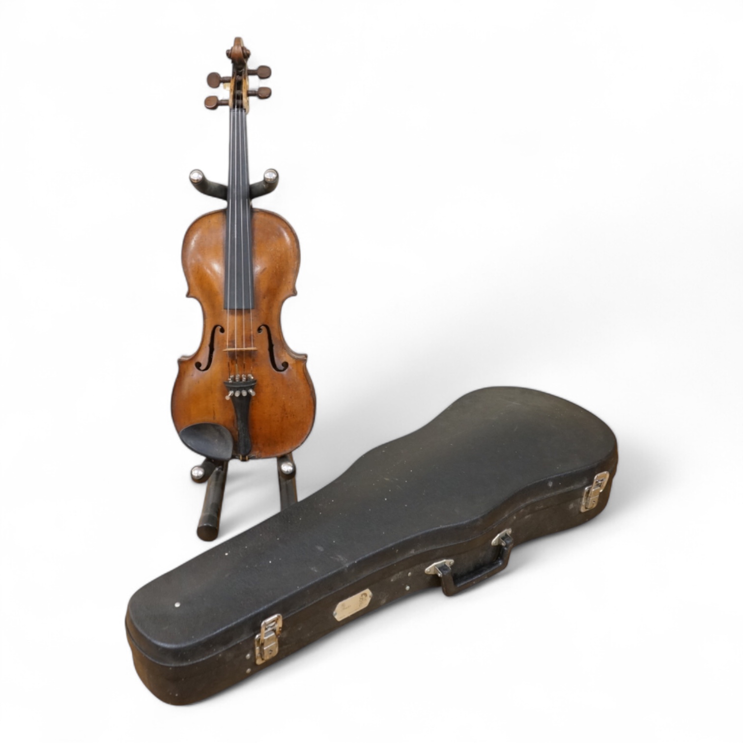A late 18th century cased English violin, possibly after Richard Duke, length of body 35.5cm.